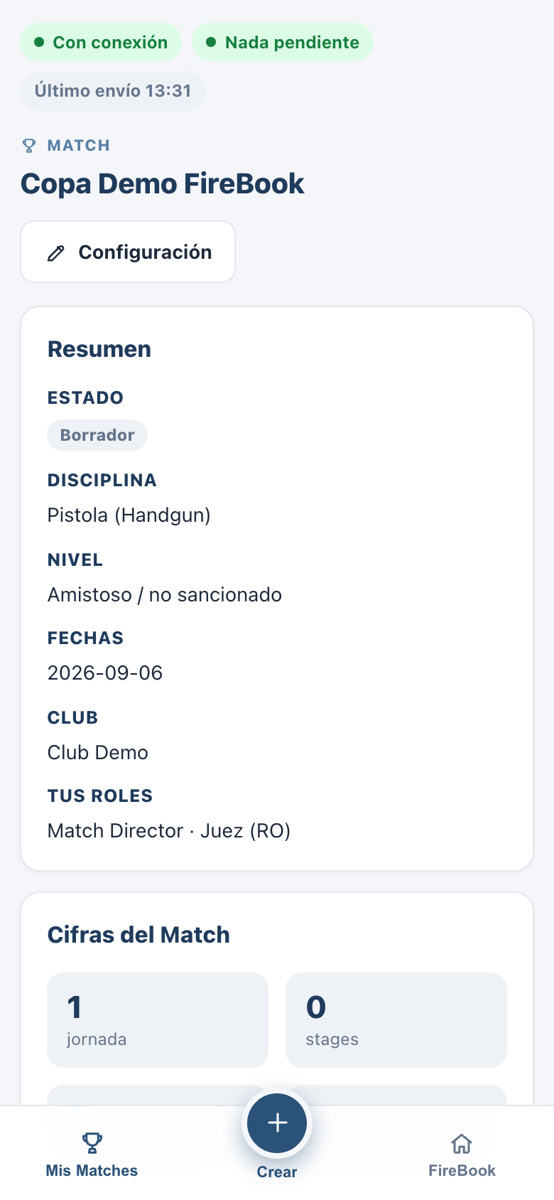 Panel del match mostrando estado, disciplina, nivel, club y los roles del usuario