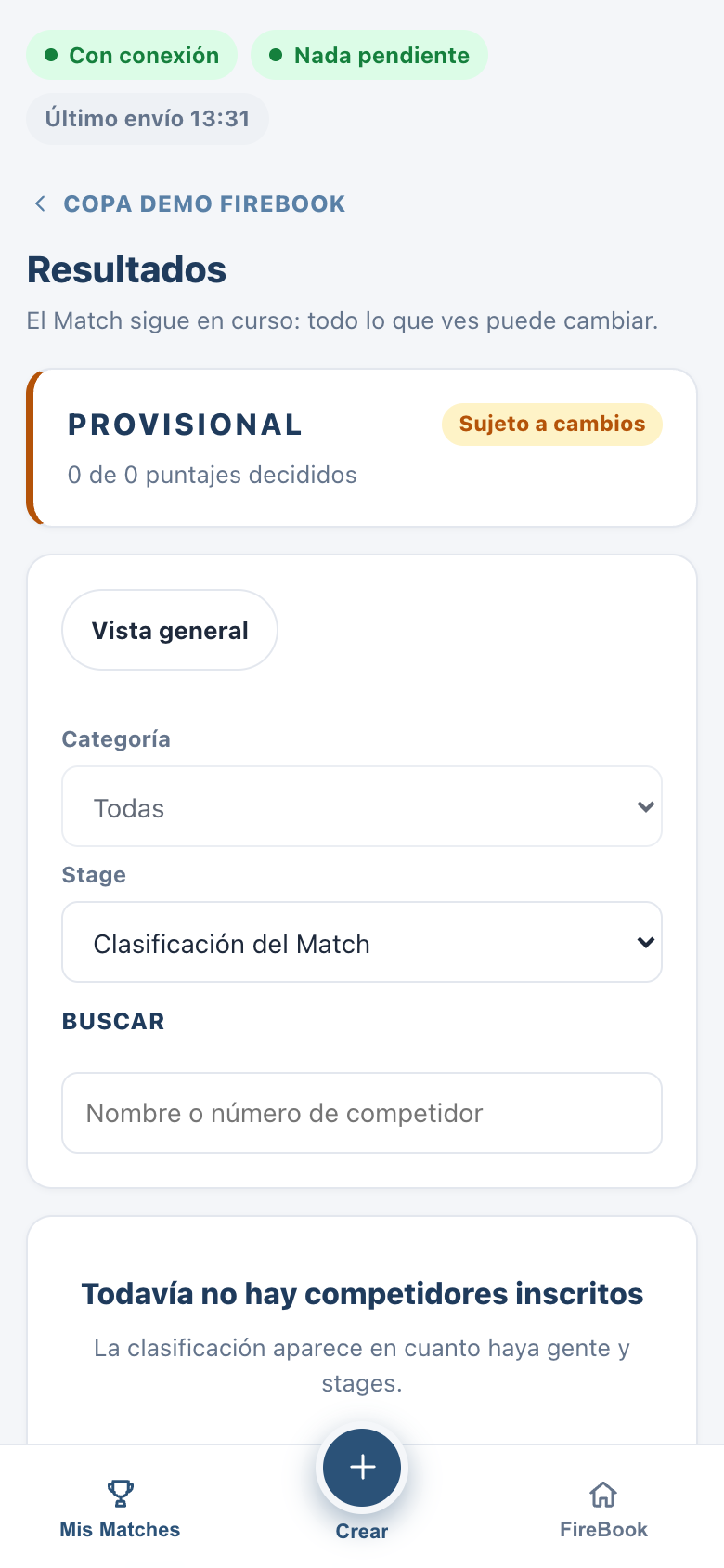 Pantalla de resultados del match en curso
