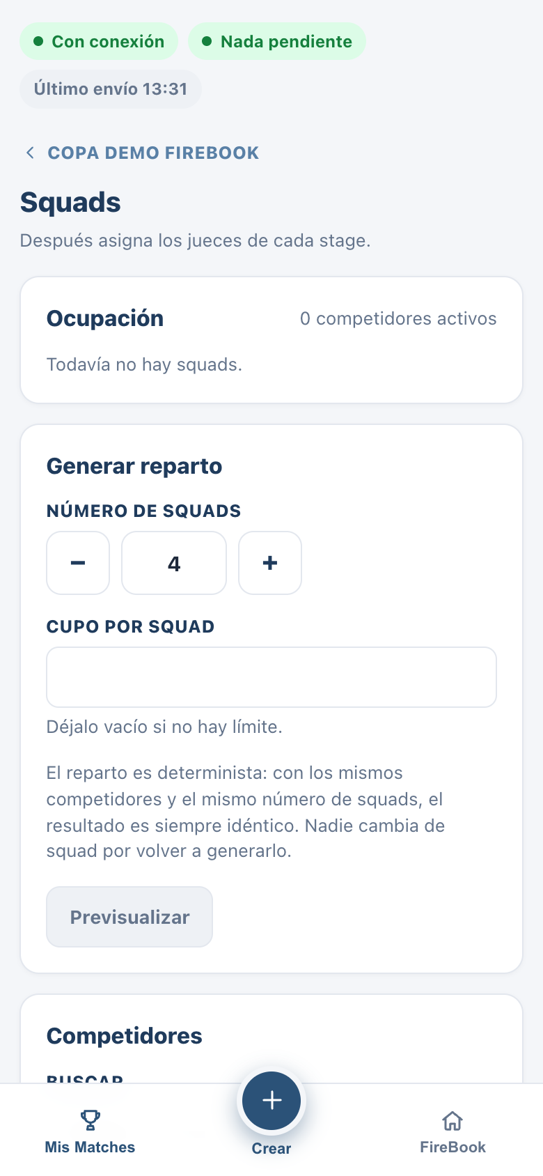 Pantalla de armado de squads del match