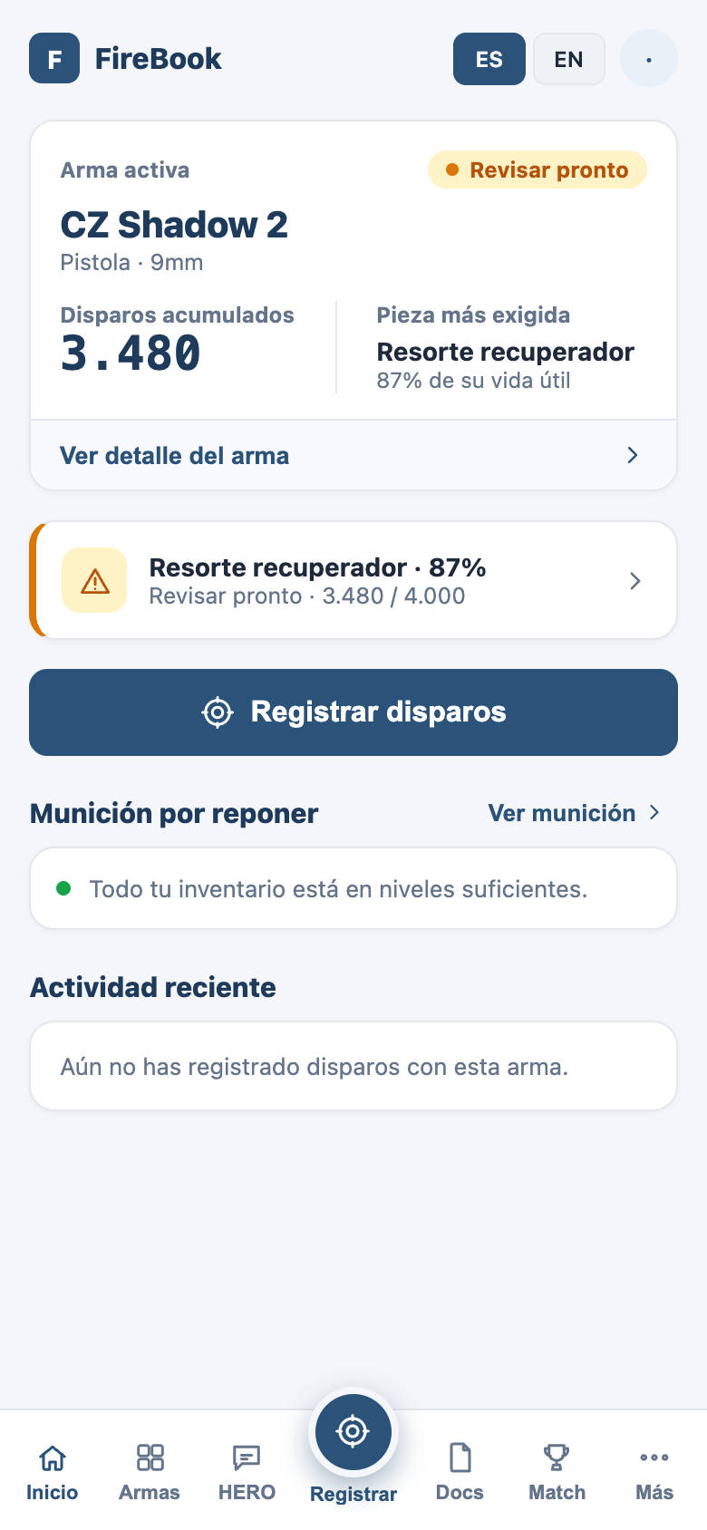 Pantalla de inicio de FireBook mostrando el arma activa, disparos acumulados y actividad reciente