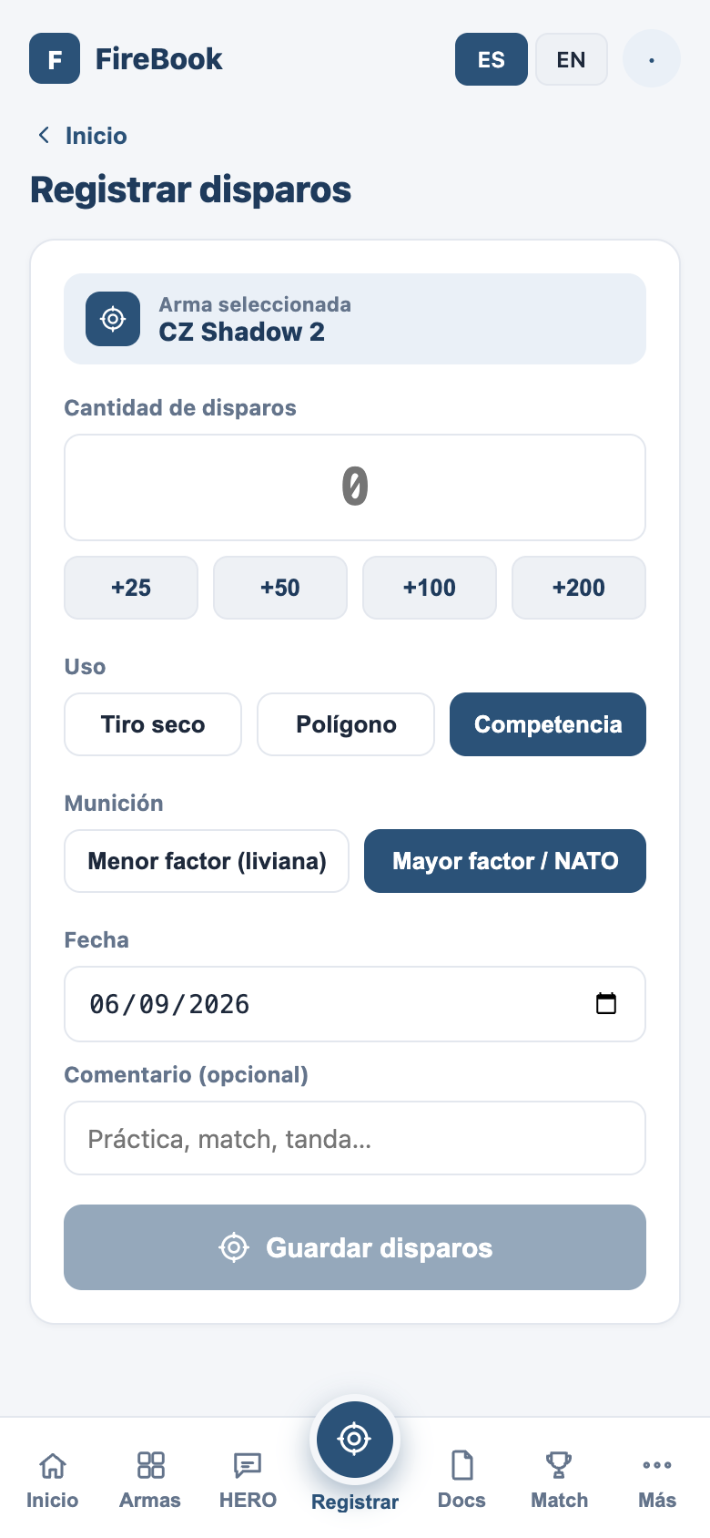 Formulario para registrar disparos indicando cantidad, uso y tipo de munición